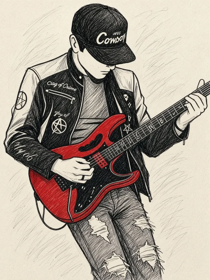 Ink drawing of a guitarist in a cap and patched jacket playing a red electric guitar